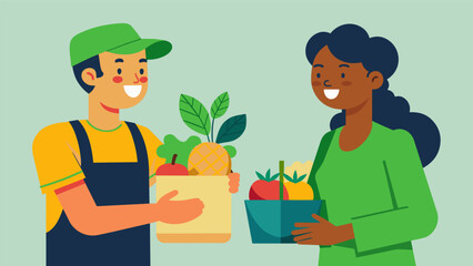 A shopper and vendor bonding over their passion for supporting local agriculture and promoting sustainability.. Vector illustration