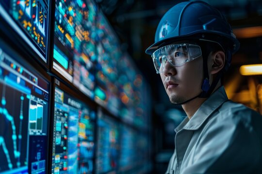 Skilled experienced engineer control room server maintenance energetic infrastructure factory controls manufacturing manager technology professional engineering safety equipment planning service