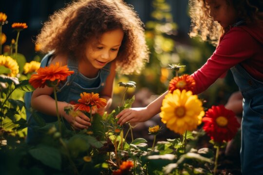 Happy children playing in garden siblings friends flowers fun spring summer youth memory joy sunny day play smiling lifestyle grass kids together activity group observing nature care