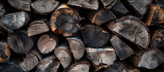 The background of neatly arranged firewood forms an abstract pattern