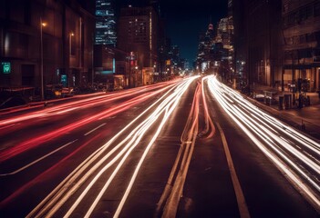 'traffic fast trails light car motion speed trail zoom urban road tunnel concept street night evening effect background abstract city dark modern reflections time communication'