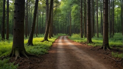 Obraz premium A forest pathway lined with trees, each displaying an ombre effect from roots to tips, shifting from earthy browns to vibrant greens ai_generated