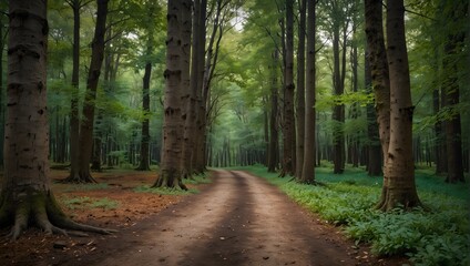 Obraz premium A forest pathway lined with trees, each displaying an ombre effect from roots to tips, shifting from earthy browns to vibrant greens ai_generated