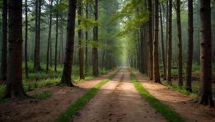 A forest pathway lined with trees, each displaying an ombre effect from roots to tips, shifting from earthy browns to vibrant greens ai_generated