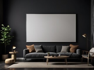  Large empty screen in a living room interior on an empty dark wall background design,3D rendering 