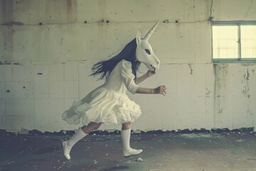 Girlie in unicorn mask recreation performer clothing. - obrazy, fototapety, plakaty