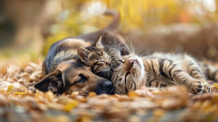 Dog and cat play outdoors, lying on their backs together. Ai Generated