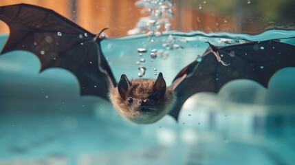 Hilarious underwater scene bat in pool plays deep dive action, Ai Generated.