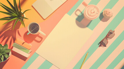 Illustration of a chic minimalist work table in pastel colors.