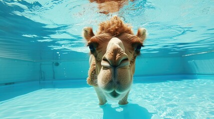 Fototapeta premium Hilarious underwater scene camel in pool plays deep dive action, Ai Generated.