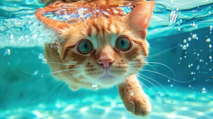Hilarious underwater scene cat in pool plays deep dive action, Ai Generated.