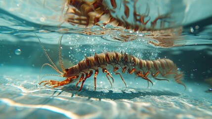 Fototapeta premium Hilarious underwater scene centipede in pool plays deep dive action, Ai Generated.