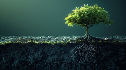 Lone tree with exposed roots on earth cross-section