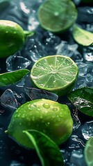 closeup of lime slices and leaves on a fresh background