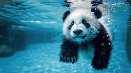 Hilarious underwater scene panda in pool plays deep dive action, Ai Generated.
