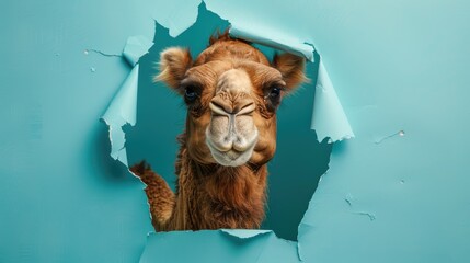 A humorous camel peers through a ripped hole in a contrast pastel color paper background, Ai...