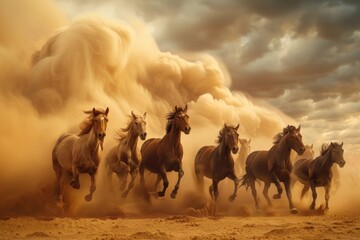 Fototapeta premium Horse herd run in desert sand storm horse outdoors animal.