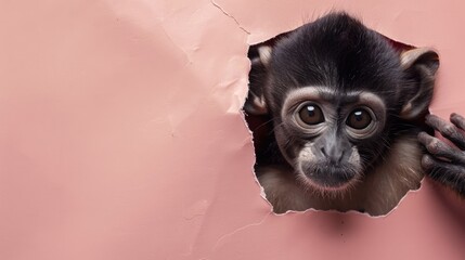A humorous gibbon peers through a ripped hole in a contrast pastel color paper background, Ai...