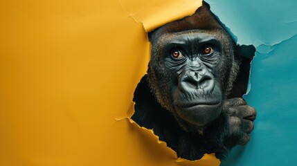 A humorous gorilla peers through a ripped hole in a contrast pastel color paper background, Ai...