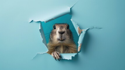 A humorous groundhog  peers through a ripped hole in a contrast pastel color paper background, Ai Generated