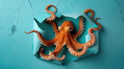 A humorous octopus peers through a ripped hole in a contrast pastel color paper background, Ai...