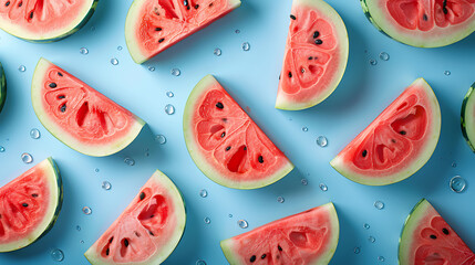 Colorful fruit pattern of fresh watermelon slices on blue background, From top view