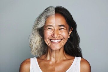 Aging complexion vitality exercises merge with gray hair management techniques, integrating age-related changes in skin health and aging perceptions.