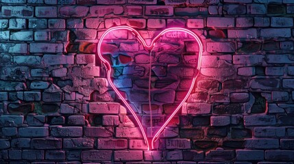 Neon sign in the shape of a broken heart on a brick wall, emitting a somber glow. Ai Generated.