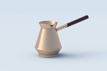 Turkish coffee pot on gray background. Vintage cooper cezve. 3d render