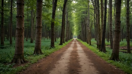 Fototapeta premium A forest pathway lined with trees, each displaying an ombre effect from roots to tips, shifting from earthy browns to vibrant greens ai_generated