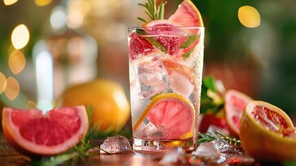 Gin tonic cocktail with fresh tropical fruit served on a bar counter in a pub or restaurant. Ai...