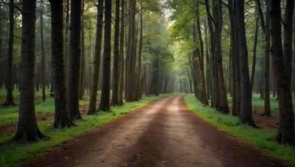 Obraz premium A forest pathway lined with trees, each displaying an ombre effect from roots to tips, shifting from earthy browns to vibrant greens ai_generated