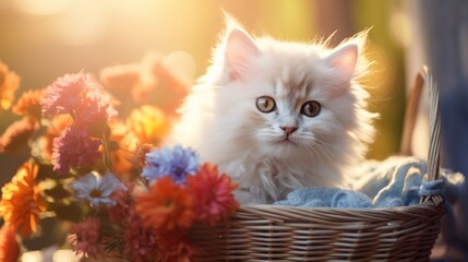 A close-up of a fluffy white kitten with big blue eyes, sitting in a basket surrounded by colorful flowers, bathed in soft sunlight - obrazy, fototapety, plakaty