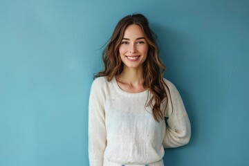 Happy successful woman standing in casual outfit, smiling pleased at camera and looking confident, standing against one color background - generative ai