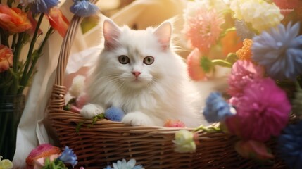 A close-up of a fluffy white kitten with big blue eyes, sitting in a basket surrounded by colorful flowers, bathed in soft sunlight