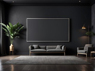  Large empty screen in a living room interior on an empty dark wall background design,3D rendering 