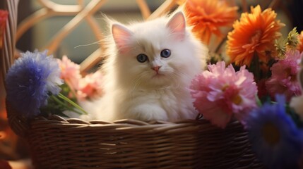 A close-up of a fluffy white kitten with big blue eyes, sitting in a basket surrounded by colorful flowers, bathed in soft sunlight