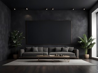  Large empty screen in a living room interior on an empty dark wall background design,3D rendering 