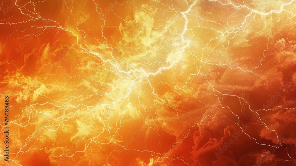 Poster fiery oranges and yellows blend together to create a striking piece resembling a dramatic thundersto