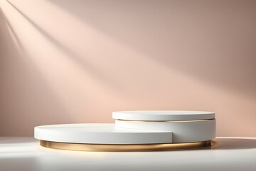 A white pedestal with a gold rim sits in front of a pink wall