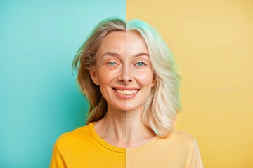 Life spectrum of aging beauty portrayed in split skin narratives, merging visual identity with aging resilience, showcasing ageless skincare tips.