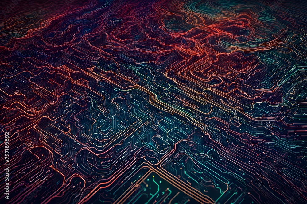 Poster a colorful image of a circuit board with many lines and dots