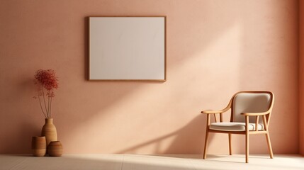  A composition of gentle terracotta shades, highlighting a minimalist beige chair and a blank frame against a soft-toned wall.