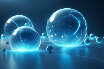 A series of blue spheres are floating on a dark background