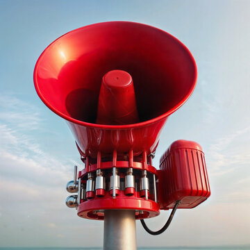 Close-up of a tsunami siren with vibrant red horns against a clear sky, mounted on a post at the beach, signaling emergency alerts for impending natural disasters created with generative ai.
