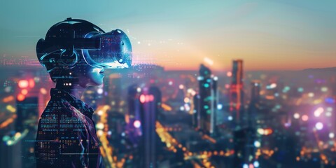 Illustration of a man or woman using virtual reality glasses headset technology, against the background of sophisticated 5G network technology. - obrazy, fototapety, plakaty