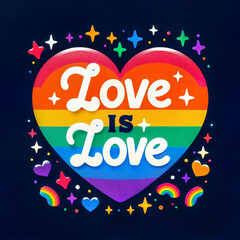 Love is love text, quote. LGBT Rainbow Heart illustration created with generative ai.