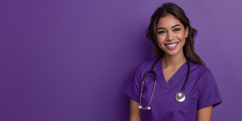 A young, cheerful Latina nurse wearing a purple medical gown and holding a stethoscope, standing in front of a purple background.