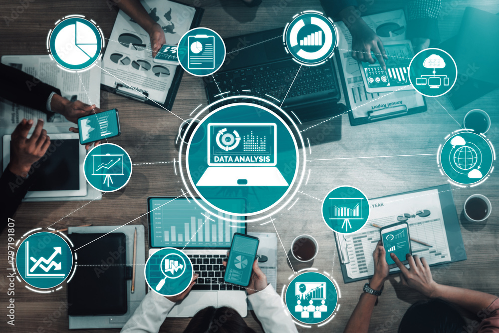 Poster data analysis for business and finance concept. interface showing future computer technology of prof