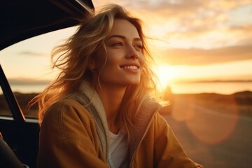 One young blonde attractive woman portrait looking travel. - obrazy, fototapety, plakaty